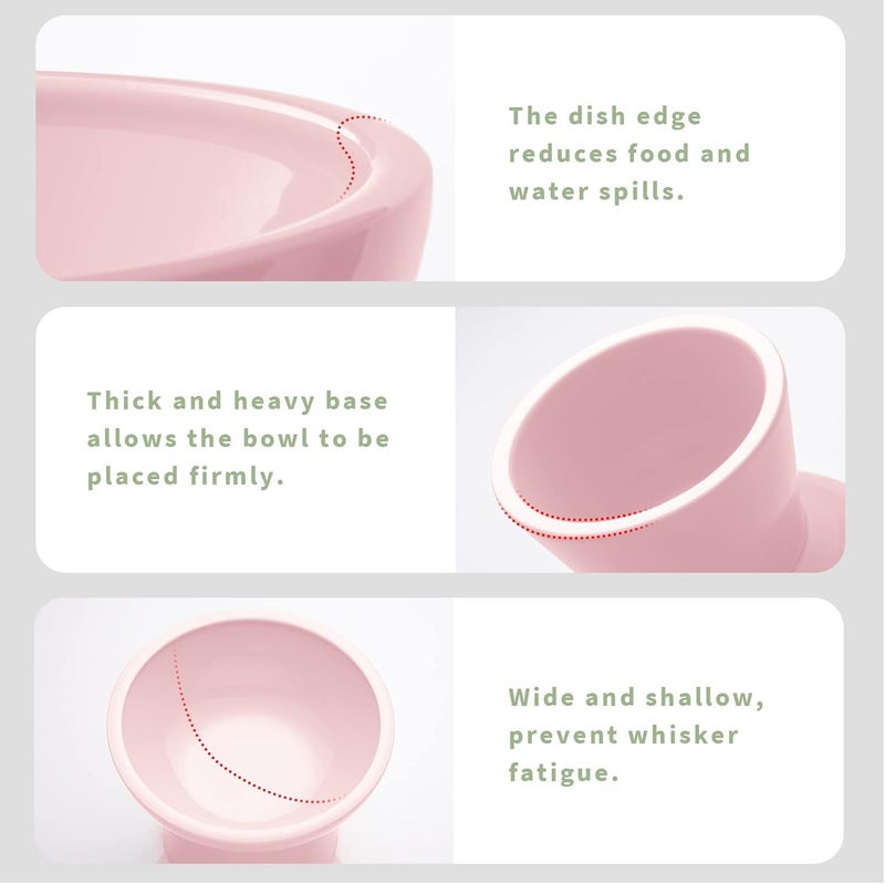 CEEFU 2 Elevated Cat Bowls Extra Wide for Food & Water – Whisker Fatigue, Ceramic Wide Shallow Food Dish, Lead & Cadmium Free, Raised Height for Cats, Pink - Image 4